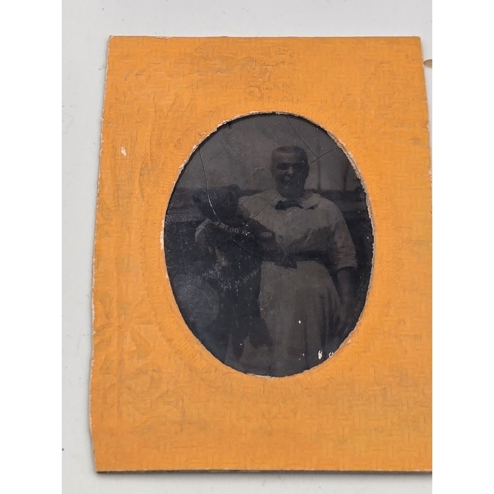 Tintype Photo Woman Holding Plush Teddy Bear Lady Orange Vintage tin type